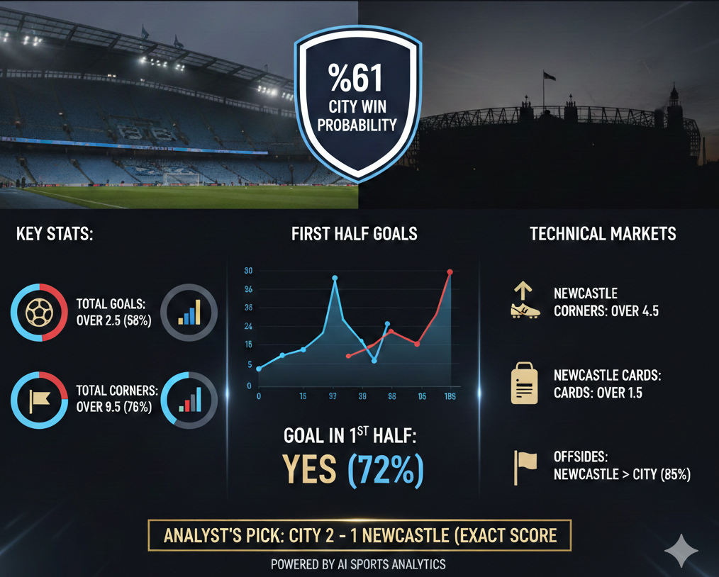 Infografía con estadísticas y probabilidades del Manchester City vs Newcastle para la Copa de Inglaterra.